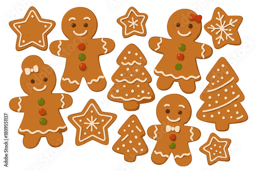 Festive Gingerbread Delight. Gingerbread men and women decorated with colorful buttons and icing, displayed in a playful arrangement. The figures are surrounded by. Vector illustration