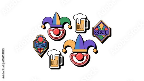 Mardi Gras themed elements featuring beer glasses and harlequin.