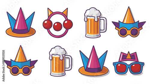 Fun illustrations featuring festive hats and beer mugs, perfect for celebrations.