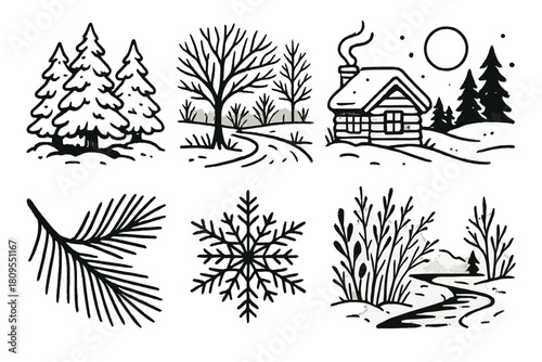 Winter Wonderland Icons. Winter Art Inspiration linear icon set. snow-dusted trees, frosty morning scene, frozen river, warm cabin glow, moon over snow, pine needles, snowflake