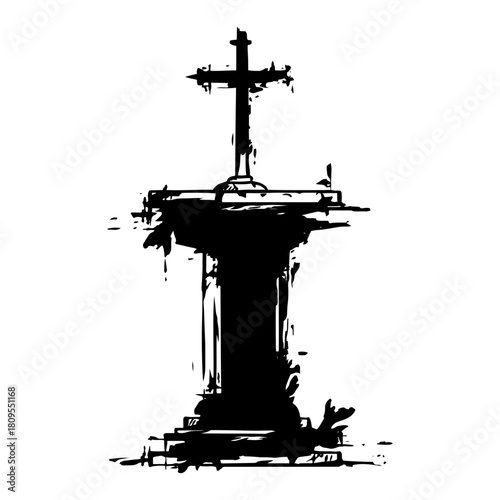 Distressed Christian Cross on Stone Pedestal Illustration with Rough Grunge Texture