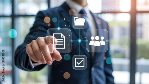 Wallpaper Mural Professional interacting with digital interface displaying connected business management symbols Torontodigital.ca