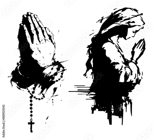 Praying Hands with Rosary and Virgin Mary Profile Vector Illustration in Rough Grunge Dry Brush Ink Style
