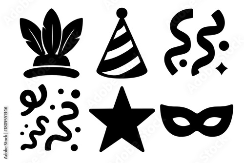 Colorful Carnival Icon Set. Carnival Party Hats silhouette icon set. Feathered Hat, Cone Hat, Ribbon, Confetti, Star, Mask.
