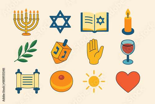 Hanukkah Icon Set. Hanukkah Prayer & Blessing flat icons set. menorah, Star of David, open prayer book, candlelight, olive branch, dreidel, blessing gesture, wine glass, scroll