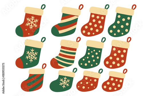Festive Stocking Icons. Set of Christmas stocking icons, each uniquely designed with intricate patterns and festive colors. Some stockings feature snowflakes, while. Vector illustration