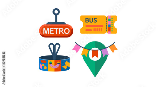 Transportation and location icons on a clean background.