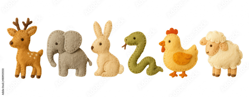 Obraz premium Soft felt animal toys in a row on transparent background, cute handmade deer, elephant, rabbit, snake, chicken, and sheep crafted from fabric with stitched details, warm earthy colors and cozy nursery