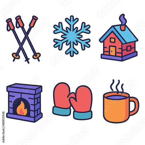 Winter Icon Set. Winter Mountains flat icons set. ski poles, snowflake, cabin, fireplace, mittens, mug