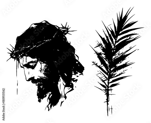 Grunge Jesus Head with Crown of Thorns and Palm Leaf Illustration