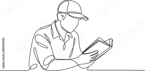 Continuous line drawing of a person wearing a cap and collared shirt, deeply engrossed in reading a book or manual, showcasing focus and learning