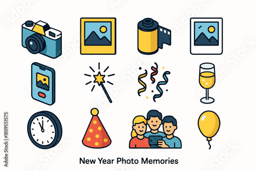 New Year Icons. New Year Photo Memories flat icons set. vintage camera, photo frame, film roll, instant photo, smartphone, sparkler, confetti, champagne glass, clock at midnight