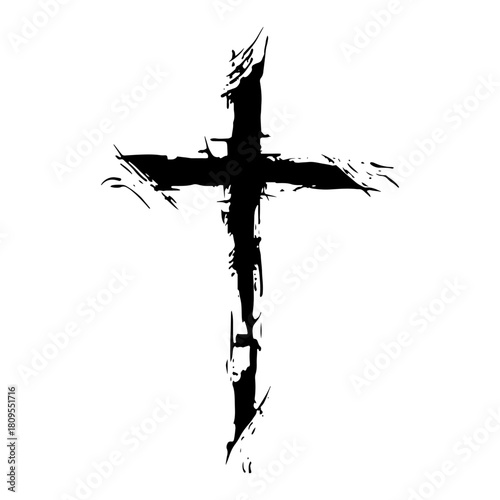 Simple Rough Christian Cross Symbol Illustration In Distressed Grunge Dry Brush Ink Style