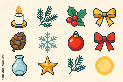 Festive Christmas Centerpiece Icons. Christmas Holiday Centerpiece flat icons set. candle flame, pine branches, holly berries, golden ribbon, pinecone, snowflake, ornament, red bow