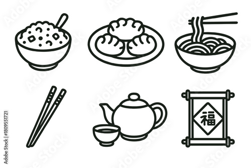 Chinese New Year Feasts. Chinese New Year Classic Meals linear icon set. fried rice, stuffed dumplings, tangyuan bowl, longevity noodles, festive chopsticks, dipping bowl, tea set