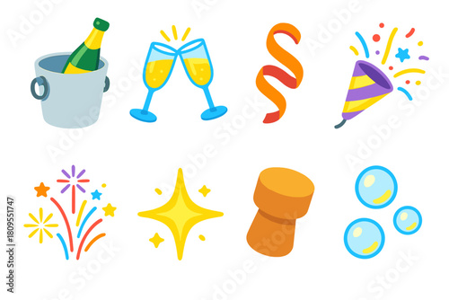 Festive Celebration Icons. Festive Cheers Symbols flat icons set. champagne bucket, clinking flutes, ribbon curl, confetti popper, fireworks, star sparkle, champagne cork, glowing