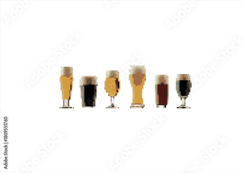 Pixel art collection of different beer styles. 8 bit. Game development, mobile app. Isolated vector illustration.