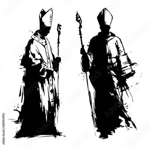 Two Catholic Bishops With Staffs And Mitres Silhouettes In Distressed Grunge Dry Brush Ink Style
