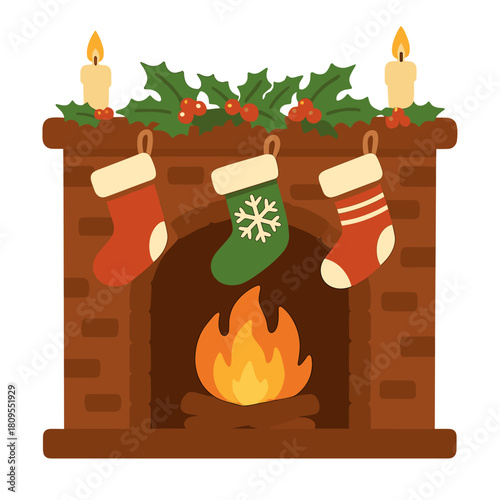 Cozy Fireplace Setting. Cozy fireplace setting with stockings hung and a gentle fire crackling below. Festive decorations like holly and candles adorn the. Vector illustration