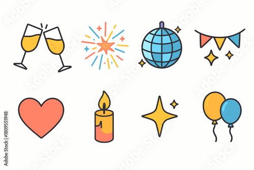 Festive New Year Icons. New Year Gathering flat icons set. shared toast, glittering fireworks, disco ball, festive bunting, heart, candlelight, star sparkle, balloons