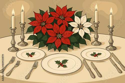 Elegant Christmas Table Setting. Elegant Christmas table setting features a centerpiece of red and white poinsettias, surrounded by silver candle holders. The table. Vector illustration