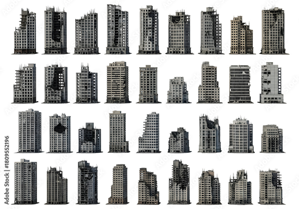 Fototapeta premium Collection of Damaged and Destroyed Urban Buildings in Various States of Ruin isolated on a transparent background