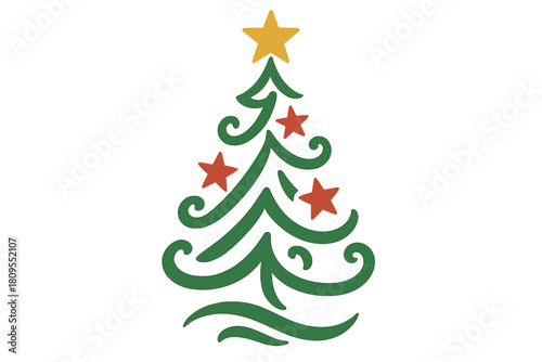 Whimsical Christmas Tree. Stylized green Christmas tree with a whimsical design, decorated with red star ornaments and topped with a large star. The flowing ribbon. Vector illustration