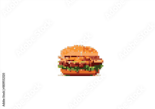 Pixel Art Burger on White Background. 8 bit. Game development, mobile app. Isolated vector illustration.