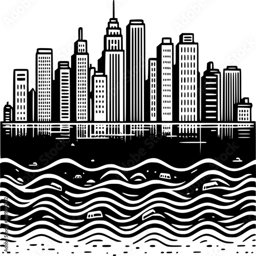 Urban Silhouette: A stark monochromatic depiction of a bustling city skyline, the towering skyscrapers mirrored in the tranquil water.