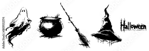 Spooky Halloween Elements Set With Ghost Cauldron Broom And Witch Hat In Distressed Grunge Dry Brush Ink Style