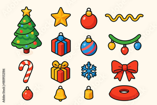 Festive Christmas Icons. Christmas Tree Display flat icons set. festive tree, star topper, hanging ornaments, tinsel, candy cane, wrapped present, garland, glowing lights, ribbon