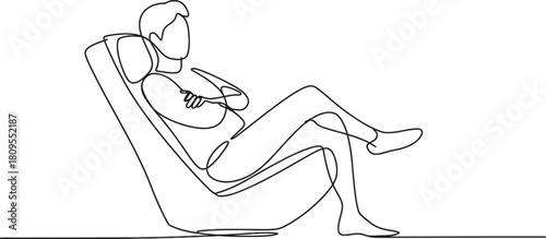 Continuous line drawing of a person relaxing in a modern lounge chair with crossed arms and legs, minimalist modern art vector illustration.