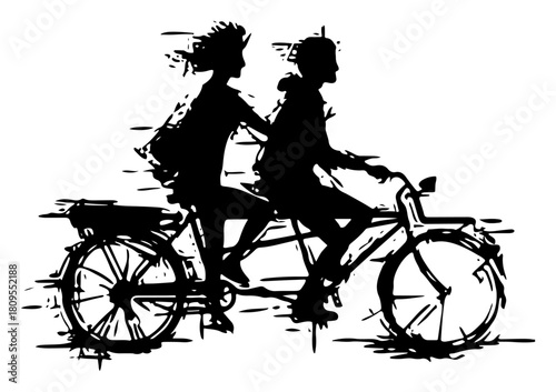 Happy Couple Riding Tandem Bicycle Together In Distressed Grunge Dry Brush Ink Style