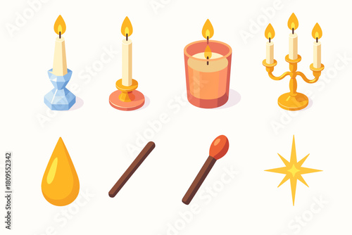 Elegant Candle Holder Icons. Elegant Holders flat icons set. crystal stand, taper candle, gold base, votive cup, candelabra, wax droplet, matchstick, glow