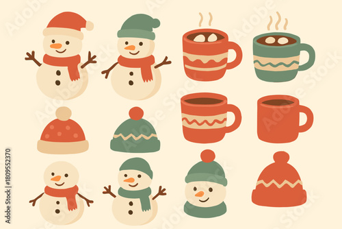 Cozy Winter Icons. Cheerful set of winter-themed icons, highlighting snowmen, hot cocoa mugs, and knitted hats. The icons are organized to evoke warmth and coziness,. Vector illustration