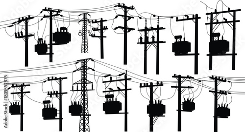 Vector silhouette collection of electric power lines, transmission towers, and utility poles with transformers for industrial energy distribution grid.