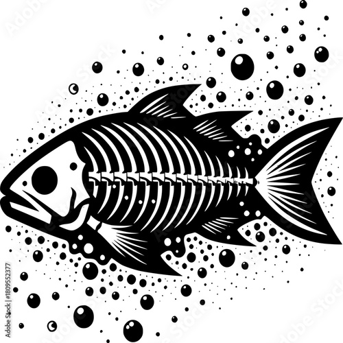 Underwater Skeletal: An artistic depiction of a fish skeleton, offering a unique perspective on marine life, surrounded by bubbles.