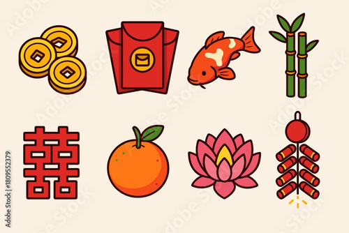 Lunar New Year Icons. Lunar New Year Wealth & Luck flat icons set. golden coins, red envelope stack, koi fish, lucky bamboo, double happiness symbol, mandarin orange, lotus bloom