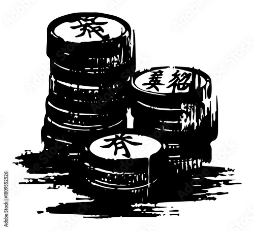 Rough Grunge Stack of Ancient Chinese Coins Illustration with Dry Brush Texture