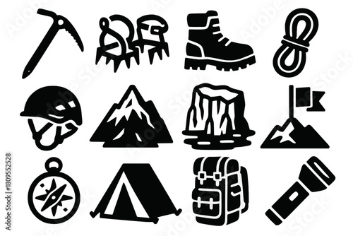 Brutalist Alpine Icons. Alpine exploration silhouette icon set. ice axe, crampons, snow boots, rope, helmet, mountain, glacier, flag, compass, tent, backpack, flashlight