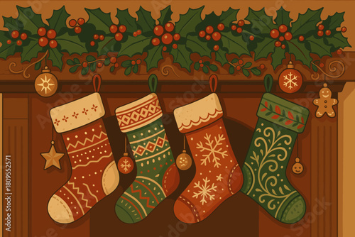 Festive Stockings Line. Row of Christmas stockings hanging from a mantel, decorated with holly leaves, berries, and small ornaments. The stockings are rich in detail. Vector illustration