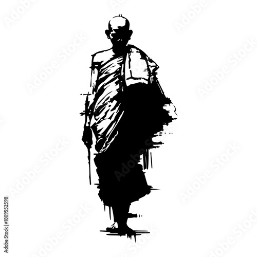 Buddhist Monk Silhouette Walking In Traditional Robes In Distressed Grunge Dry Brush Ink Style