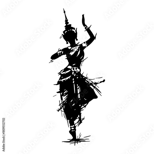 Traditional Thai Female Dancer Silhouette In Traditional Costume In Distressed Grunge Dry Brush Ink Style