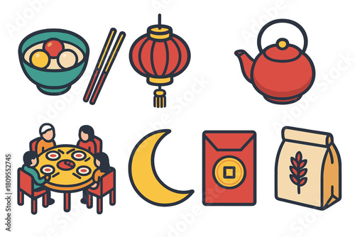 Dongzhi Festival Icons. Dongzhi Festival flat icons set. tangyuan bowl, chopsticks, lantern, tea pot, family table, moon symbol, red envelope, rice flour bag