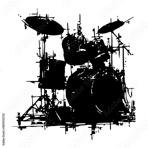 Drum Kit Percussion Instrument Vector Illustration in Rough Grunge Dry Brush Ink Style