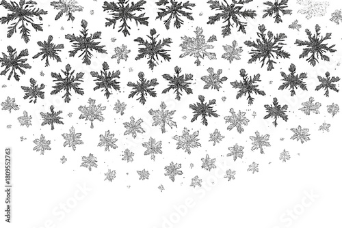 Snowflake Cascade Art. Cascade of diverse snowflakes gently descends from the top, each intricately detailed and unique. The monochromatic palette creates a serene,. Vector illustration