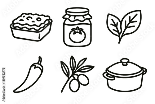 Italian Winter Cuisine Icons. Southern Italian Winter Meals linear icon set. baked pasta, tomato jar, basil leaf, chili pepper, olive branch, casserole dish