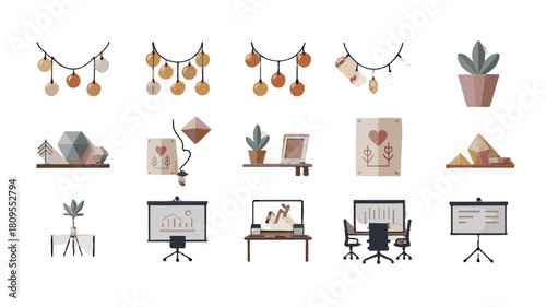 An artistic illustration of multiple decorative items, including lights and office equipment.