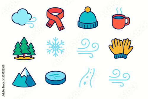 Winter Essentials Icons. Winter Breath in the Cold Air flat icons set. cloud of breath, scarf, knit hat, steaming cup, pine forest, snowflake, frosty air swirl, wool gloves, icy