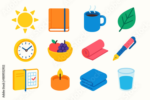 Fresh Start Icons. Fresh Start flat icons set. bright sun, journal, coffee mug, green leaf, clock, bowl of fruit, yoga mat, pen, planner, candle, folded towel, water glass